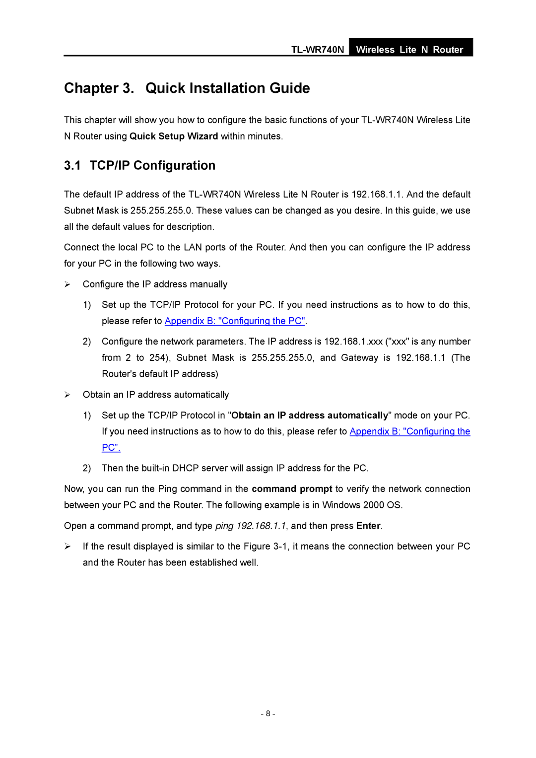 TP-Link TL-WR740N manual Quick Installation Guide, TCP/IP Configuration 