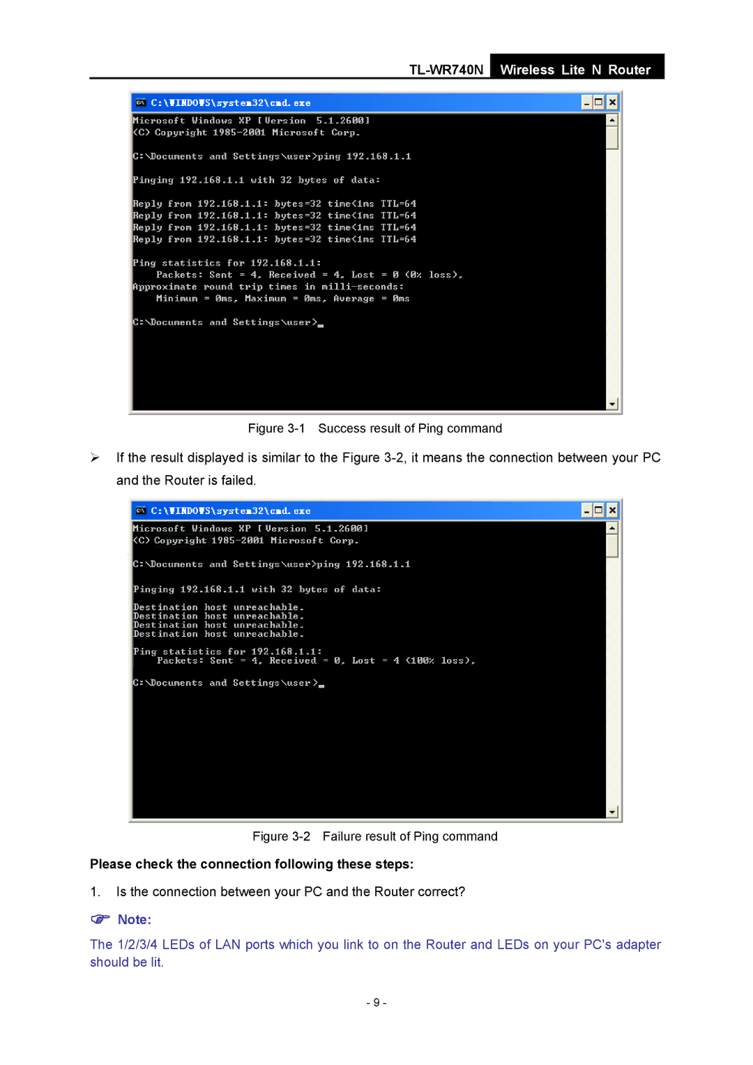 TP-Link TL-WR740N manual Please check the connection following these steps, Success result of Ping command 