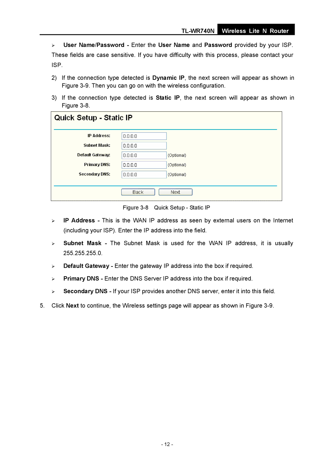 TP-Link TL-WR740N manual Quick Setup Static IP 