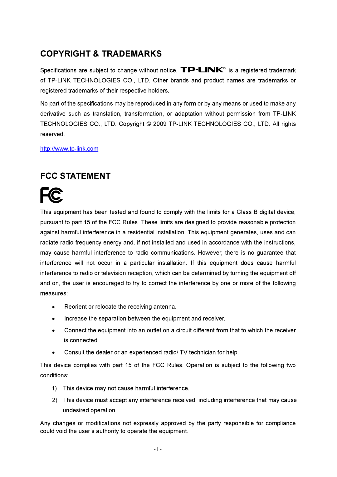 TP-Link TL-WR740N manual Copyright & Trademarks FCC Statement 