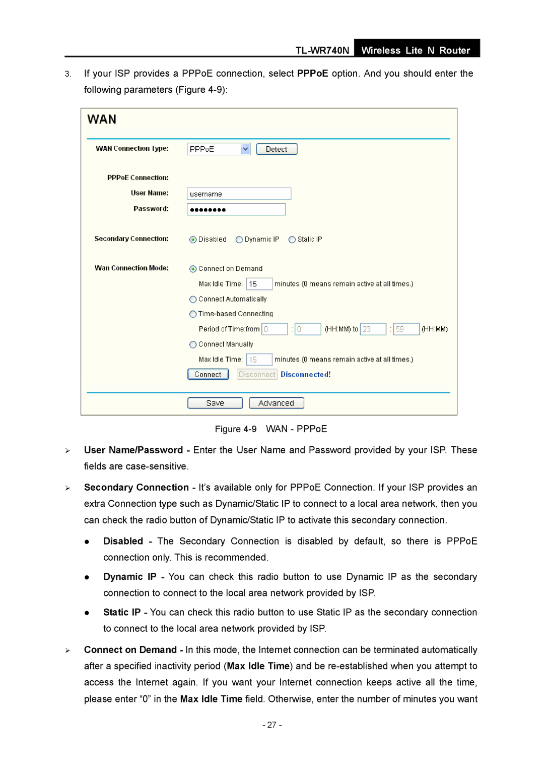 TP-Link TL-WR740N manual WAN PPPoE 