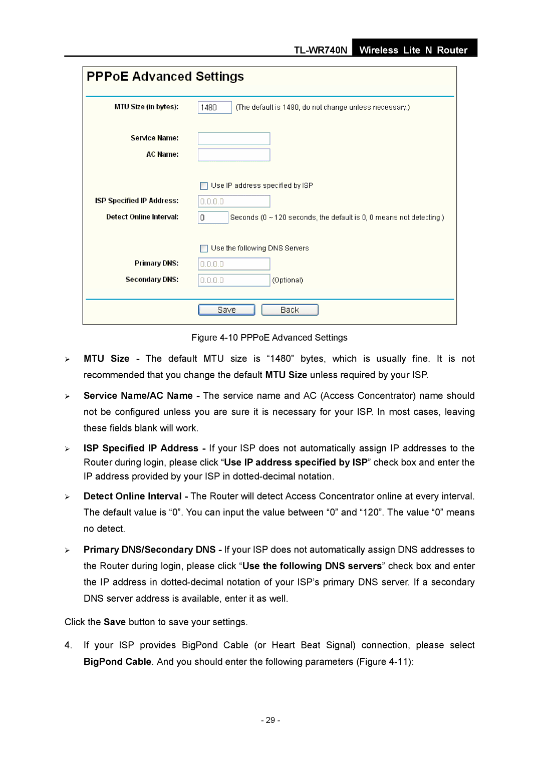 TP-Link TL-WR740N manual PPPoE Advanced Settings 