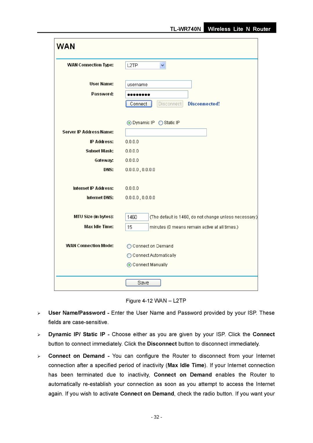 TP-Link TL-WR740N manual WAN L2TP 