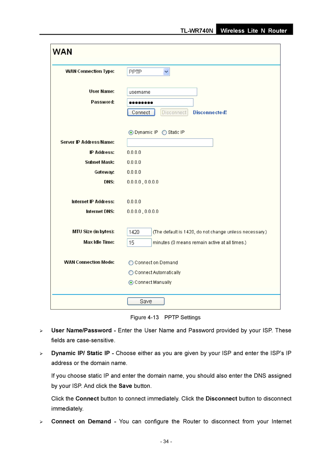 TP-Link TL-WR740N manual Pptp Settings 