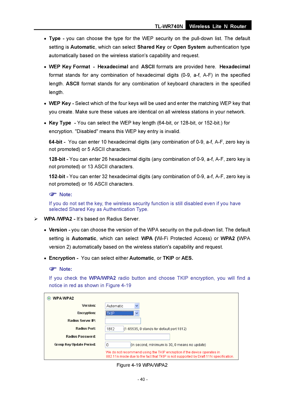 TP-Link TL-WR740N manual Encryption You can select either Automatic, or Tkip or AES, 19 WPA/WPA2 