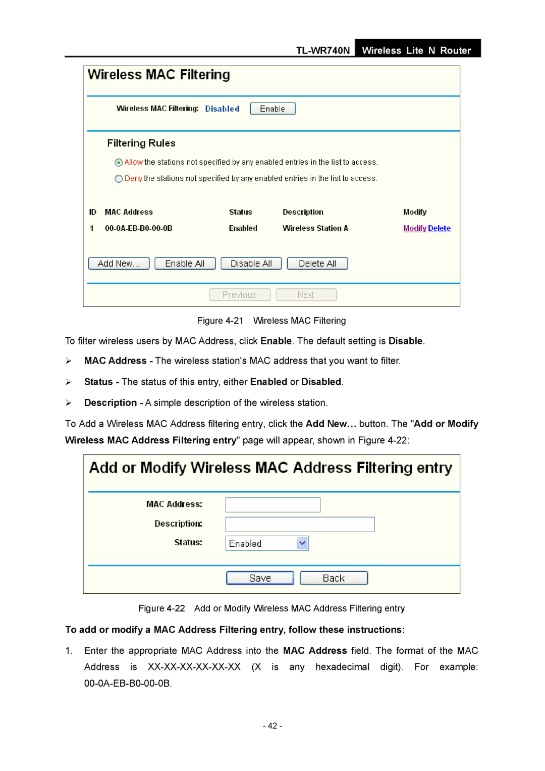 TP-Link TL-WR740N manual Wireless MAC Filtering 