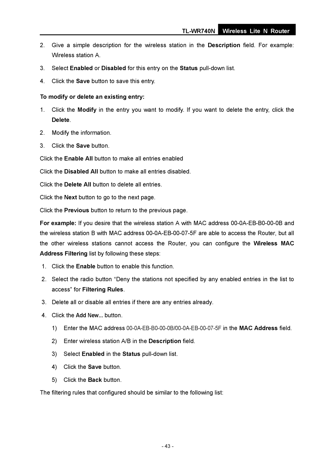 TP-Link TL-WR740N manual To modify or delete an existing entry 