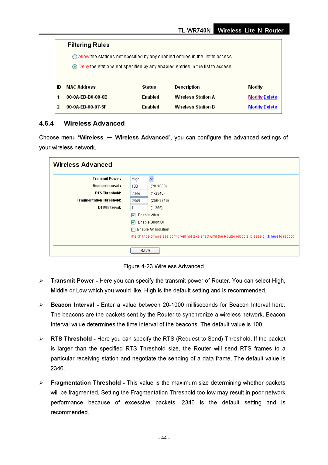 TP-Link TL-WR740N manual Wireless Advanced 