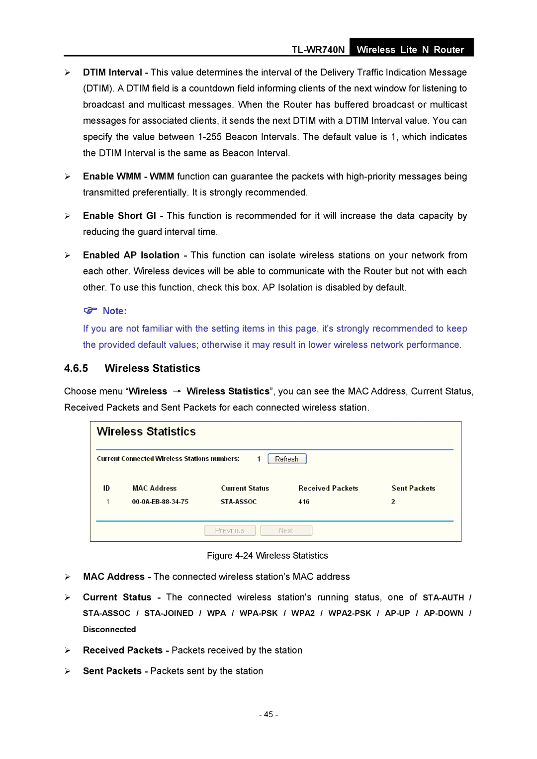 TP-Link TL-WR740N manual Wireless Statistics 