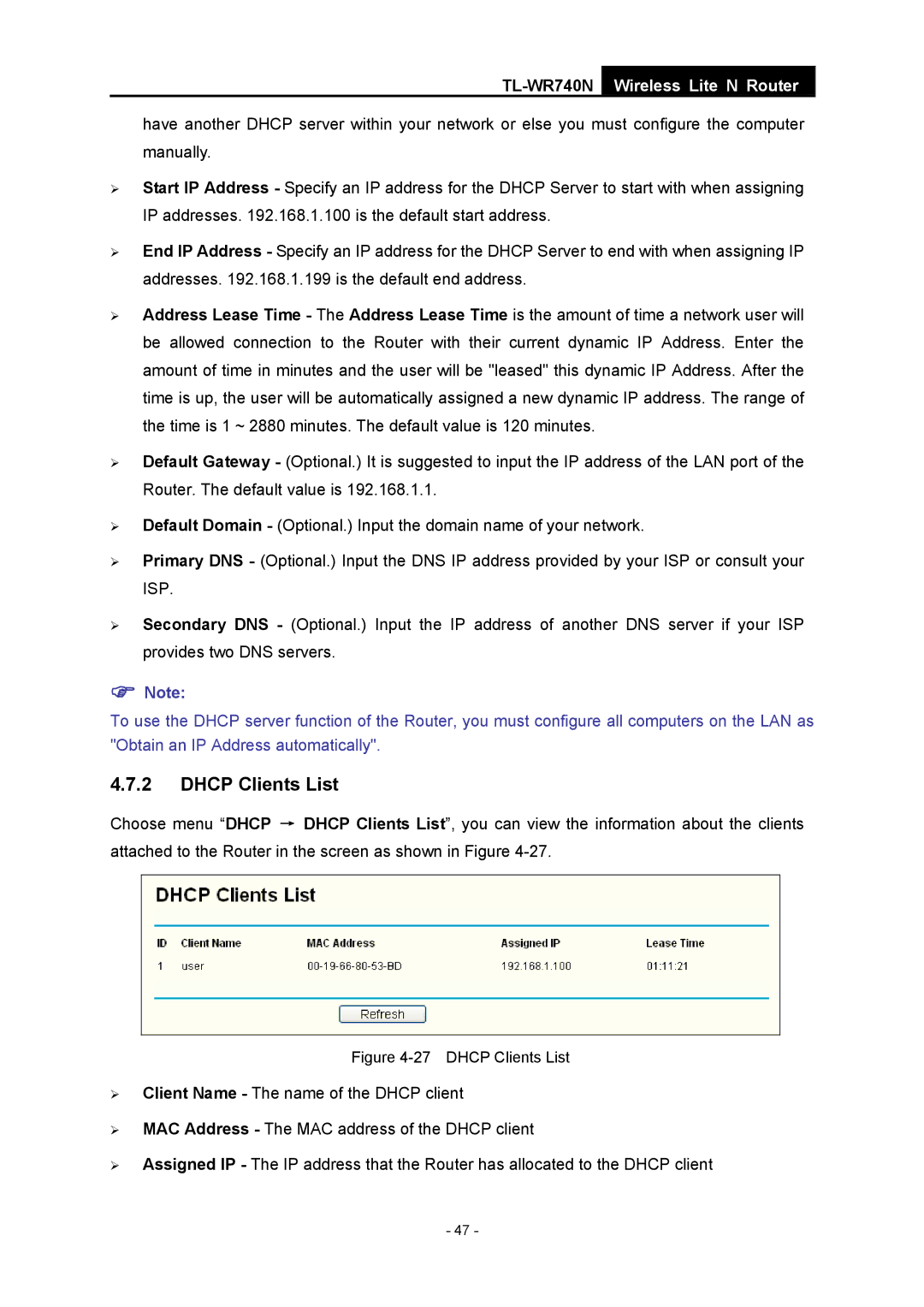 TP-Link TL-WR740N manual Dhcp Clients List 