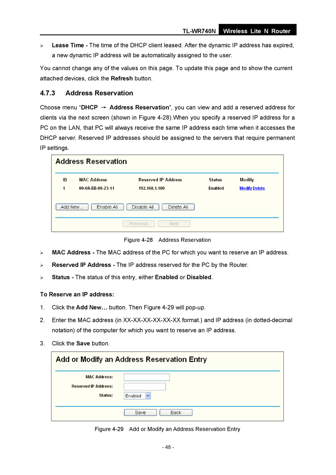 TP-Link TL-WR740N manual Address Reservation, To Reserve an IP address 