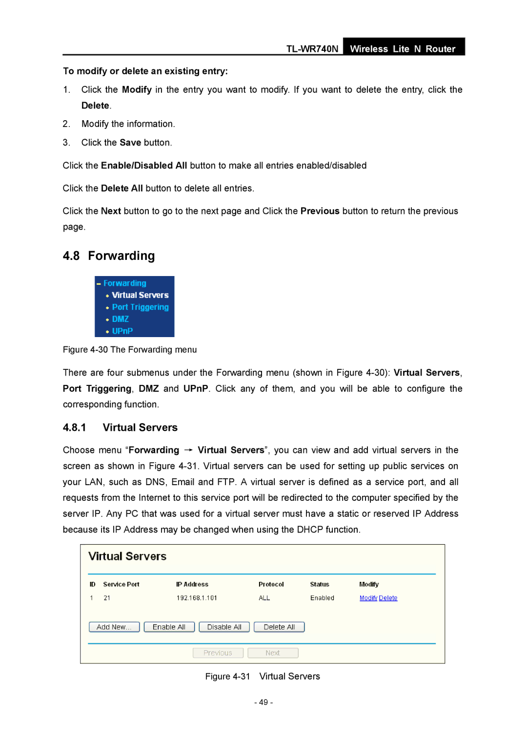 TP-Link TL-WR740N manual Forwarding, Virtual Servers 