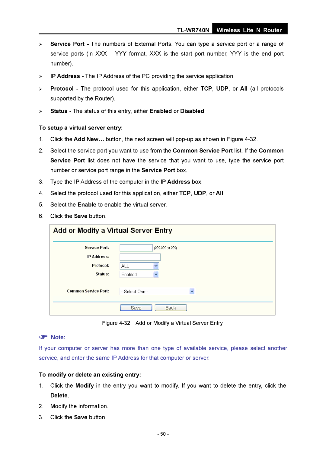 TP-Link TL-WR740N manual To setup a virtual server entry, Add or Modify a Virtual Server Entry 