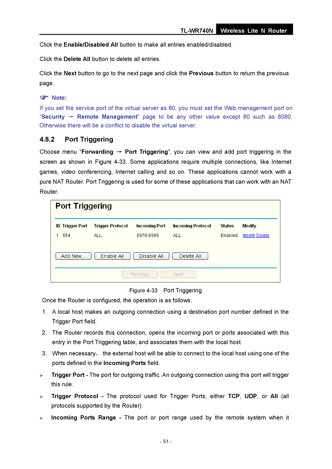 TP-Link TL-WR740N manual Port Triggering 