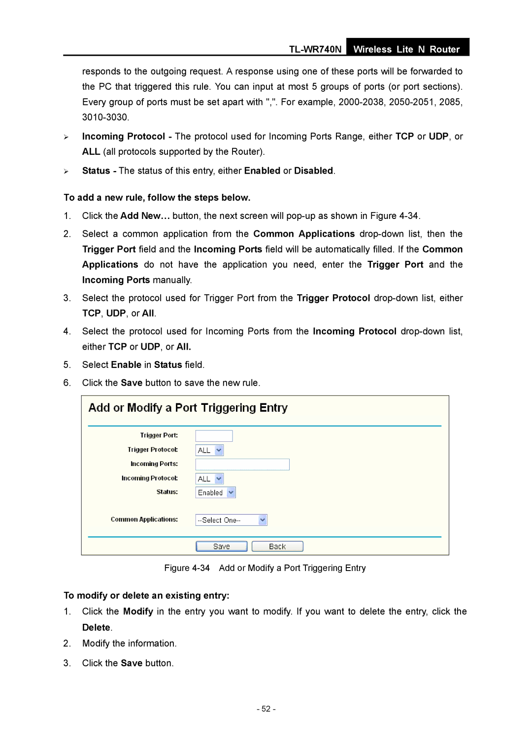 TP-Link TL-WR740N manual To add a new rule, follow the steps below, Add or Modify a Port Triggering Entry 