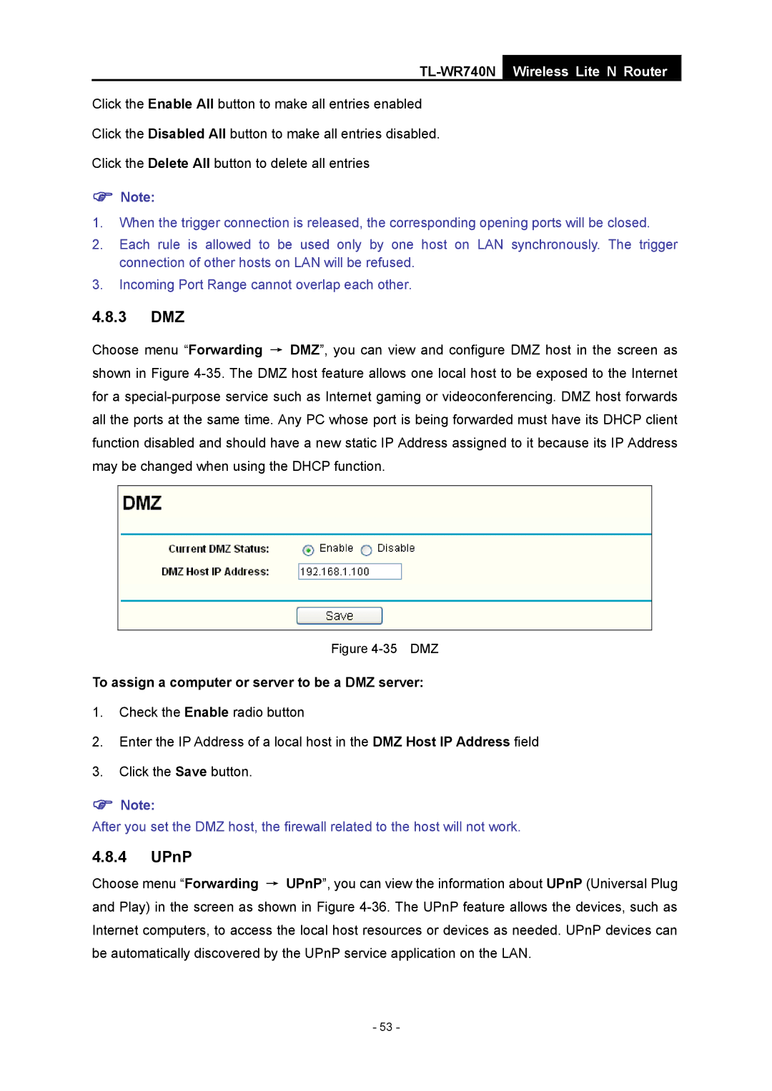 TP-Link TL-WR740N manual 3 DMZ, UPnP, To assign a computer or server to be a DMZ server 