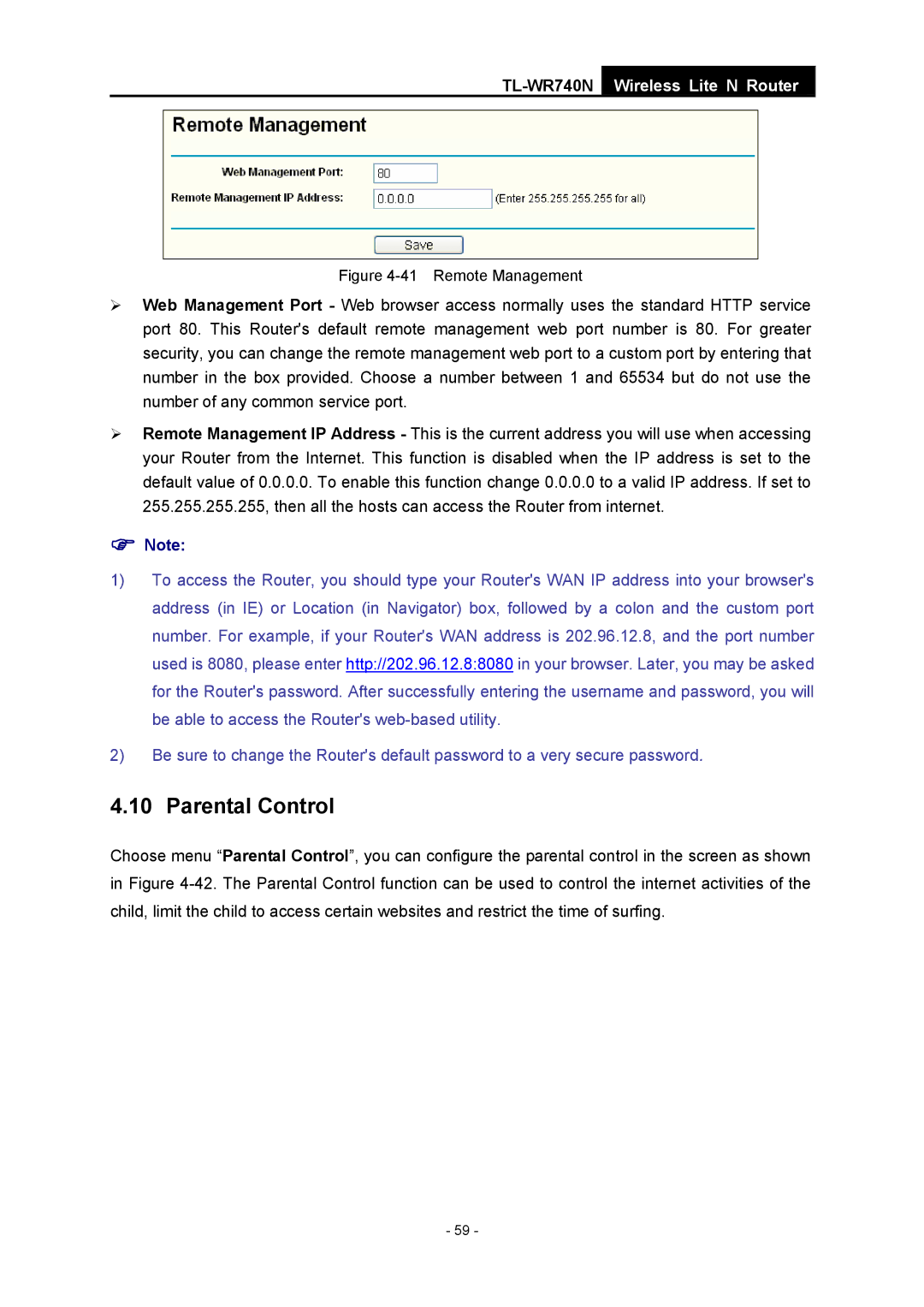 TP-Link TL-WR740N manual Parental Control, Remote Management 