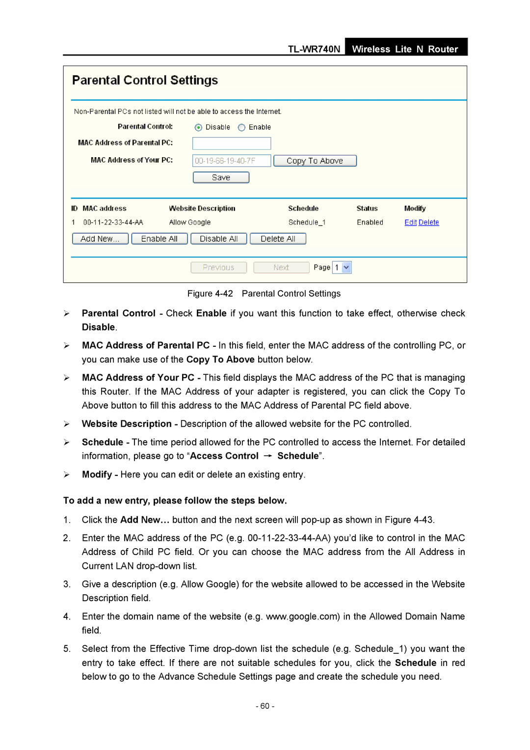 TP-Link TL-WR740N manual To add a new entry, please follow the steps below, Parental Control Settings 