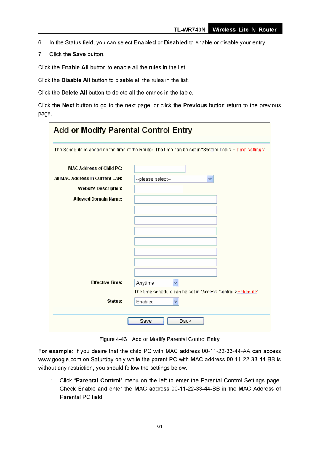 TP-Link TL-WR740N manual Add or Modify Parental Control Entry 