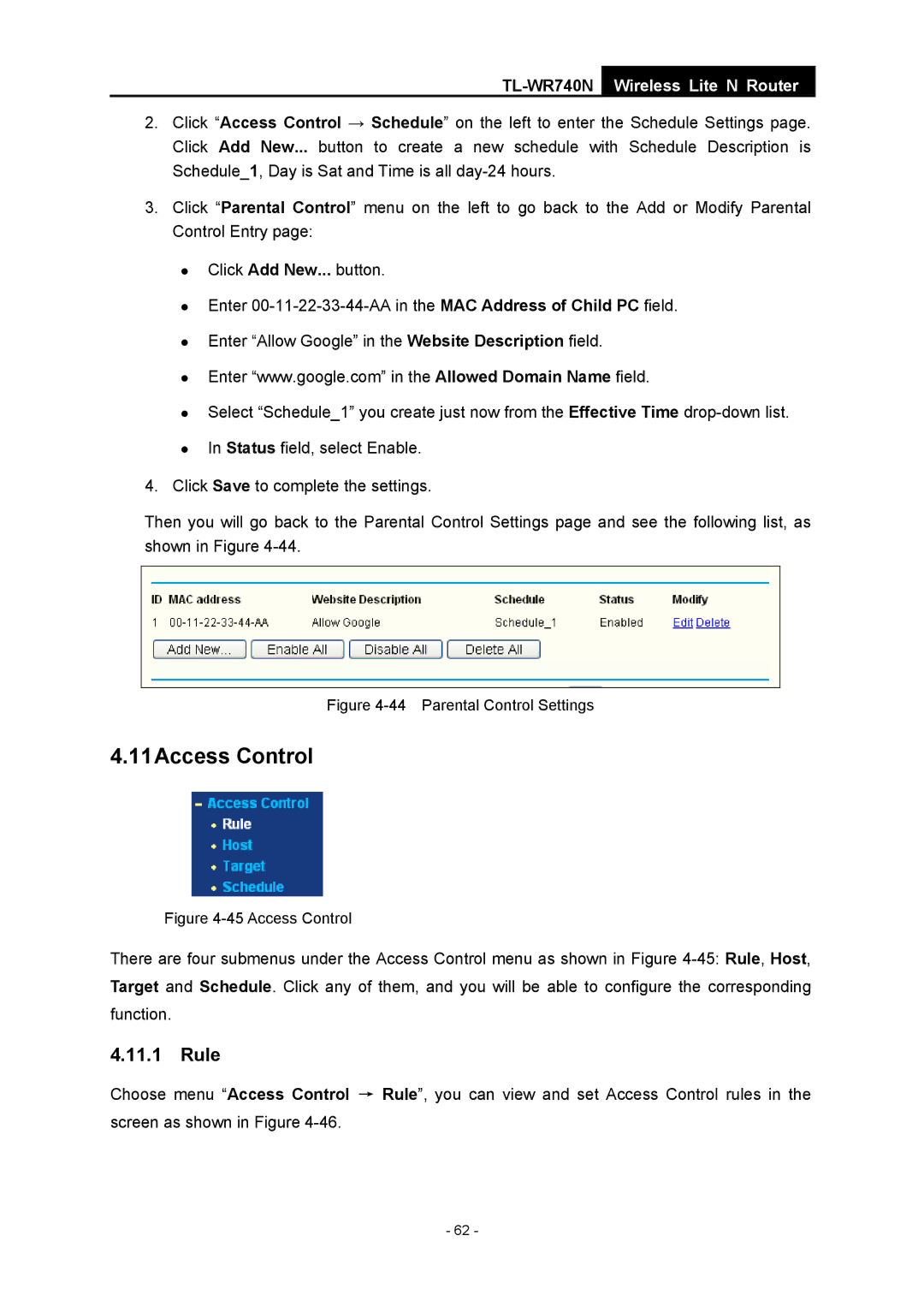 TP-Link TL-WR740N manual 11Access Control, Rule 