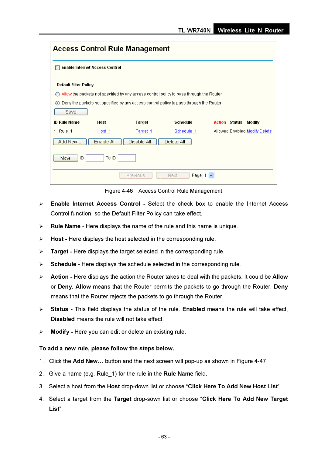 TP-Link TL-WR740N manual To add a new rule, please follow the steps below, Access Control Rule Management 