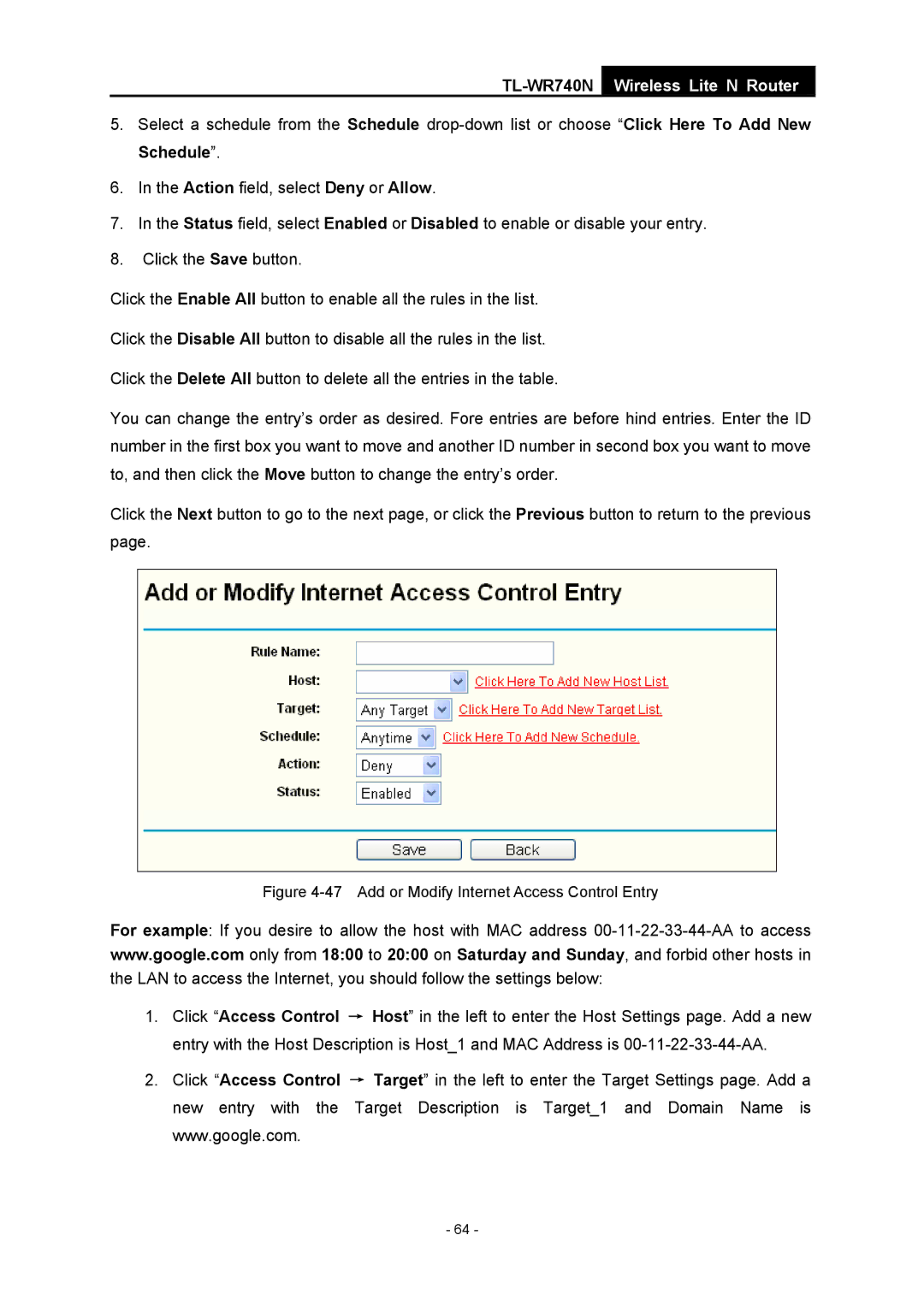 TP-Link TL-WR740N manual Add or Modify Internet Access Control Entry 
