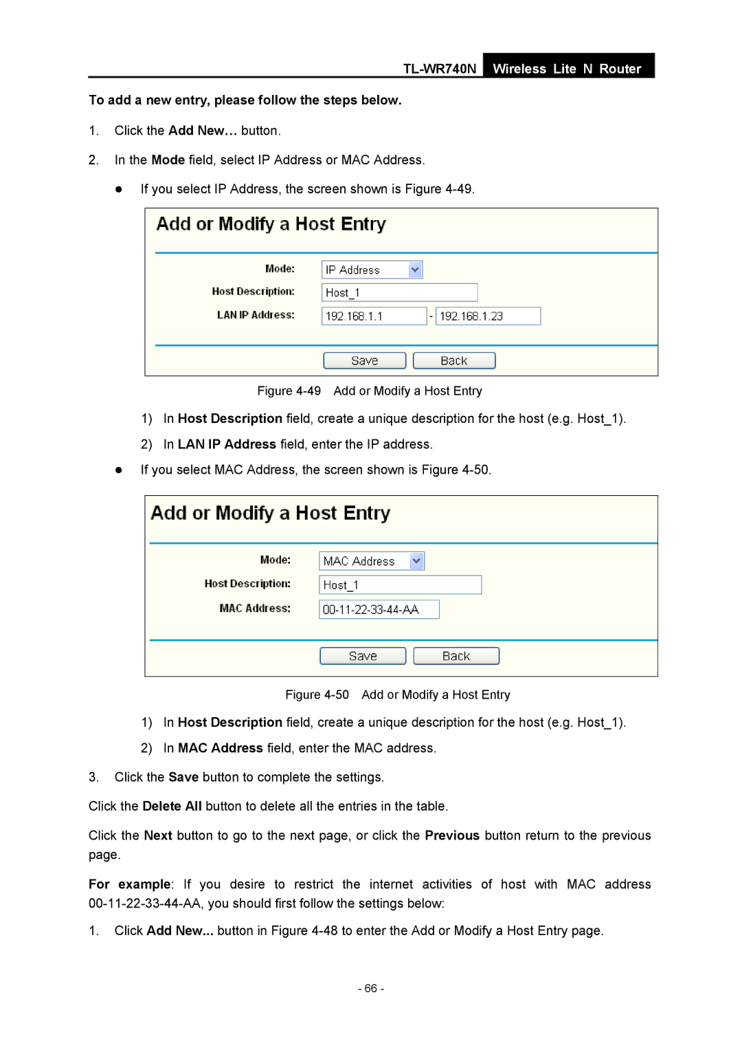 TP-Link TL-WR740N manual Add or Modify a Host Entry 