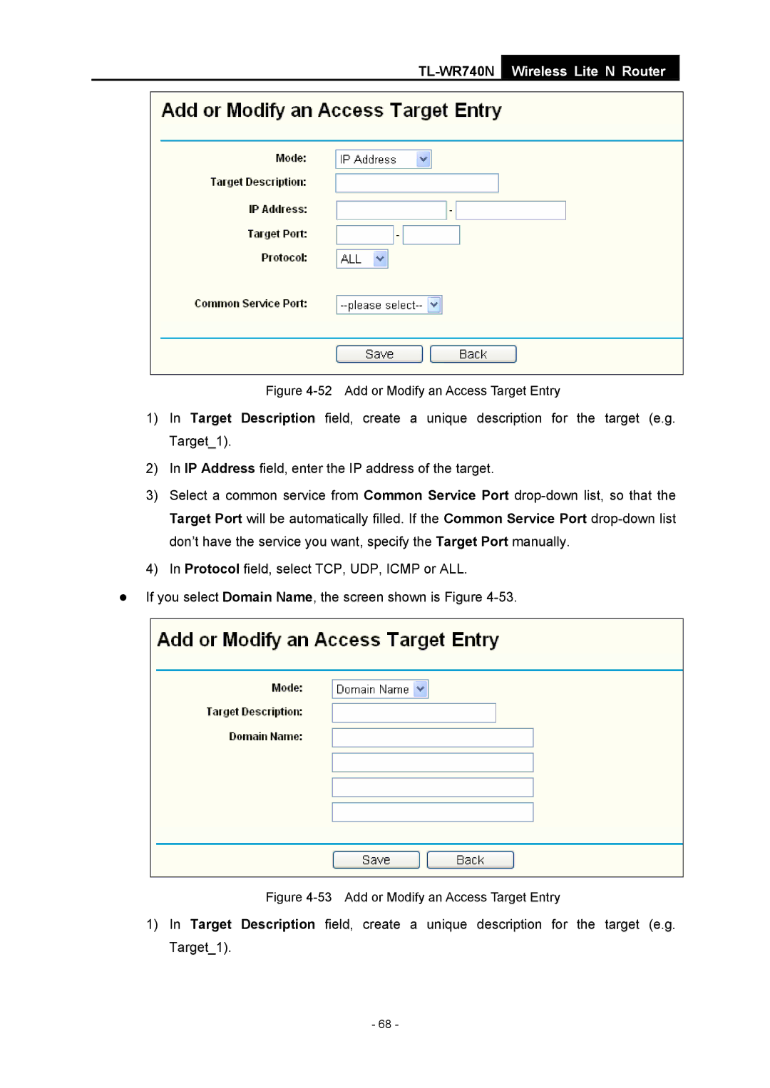 TP-Link TL-WR740N manual Add or Modify an Access Target Entry 