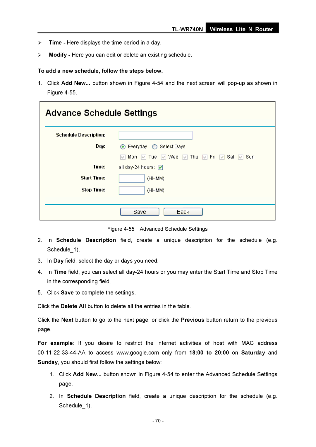 TP-Link TL-WR740N manual To add a new schedule, follow the steps below, Advanced Schedule Settings 