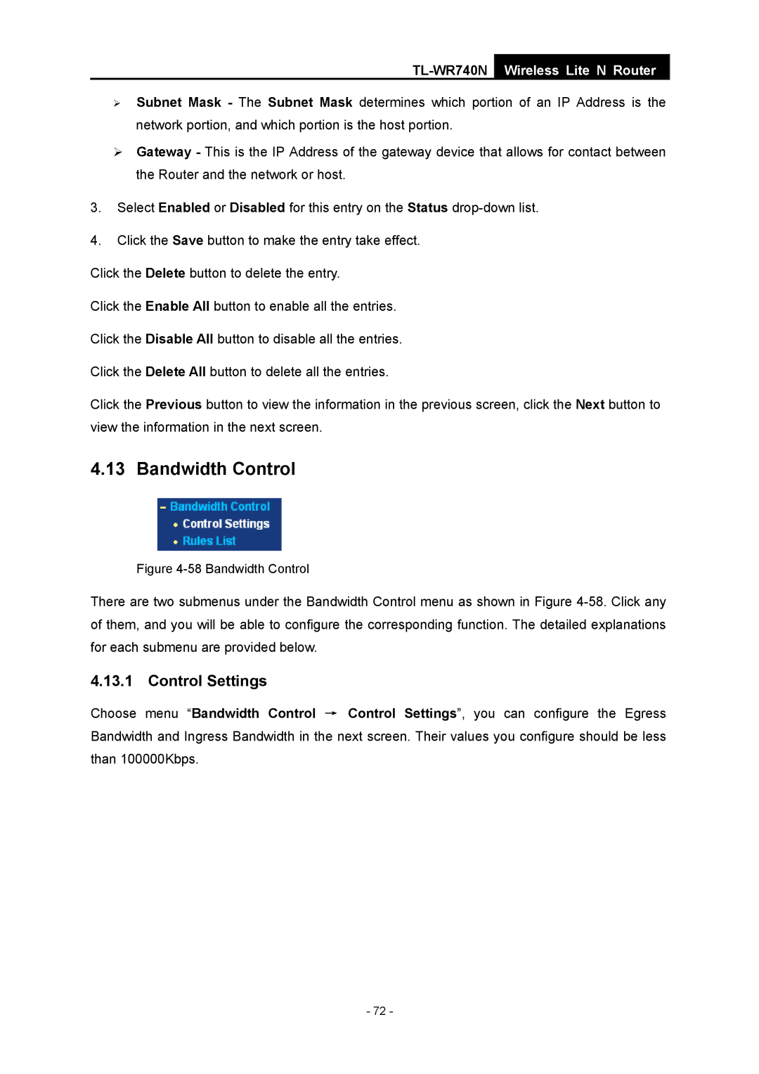 TP-Link TL-WR740N manual Bandwidth Control, Control Settings 