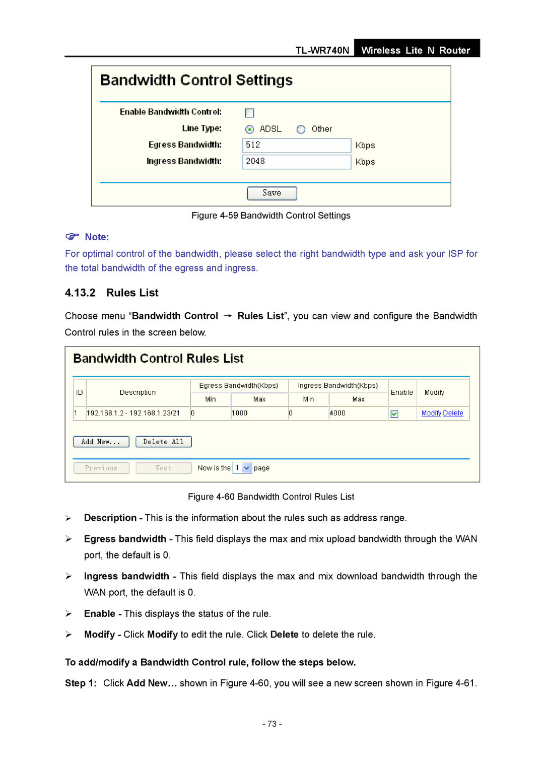 TP-Link TL-WR740N manual Rules List, Bandwidth Control Settings 