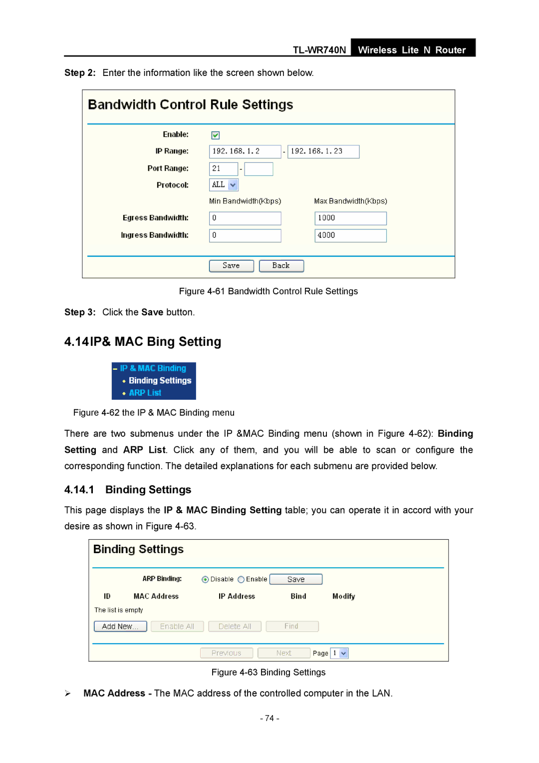 TP-Link TL-WR740N manual 14IP& MAC Bing Setting, Binding Settings 