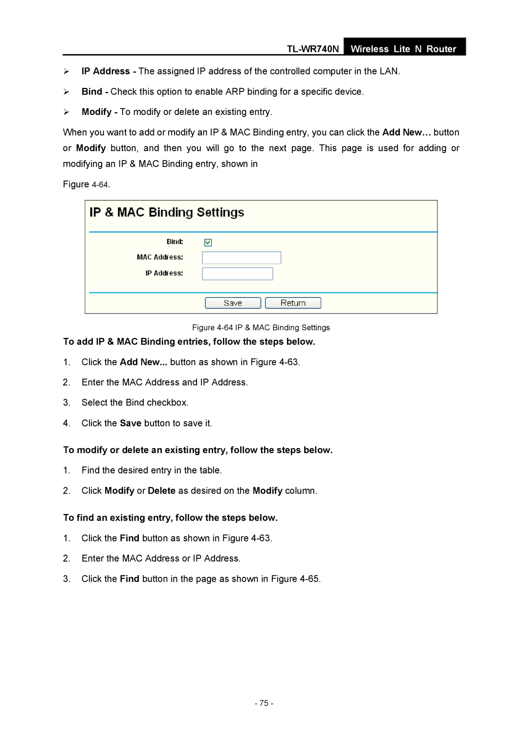 TP-Link TL-WR740N manual To add IP & MAC Binding entries, follow the steps below 