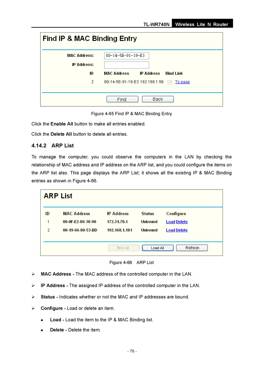 TP-Link TL-WR740N manual ARP List, Find IP & MAC Binding Entry 