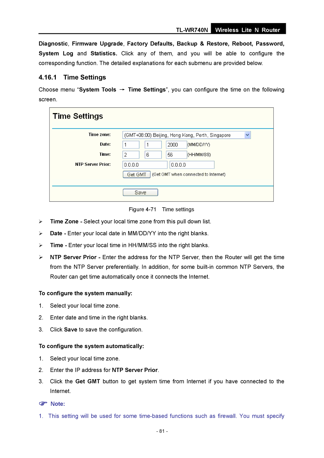 TP-Link TL-WR740N Time Settings, To configure the system manually, To configure the system automatically 