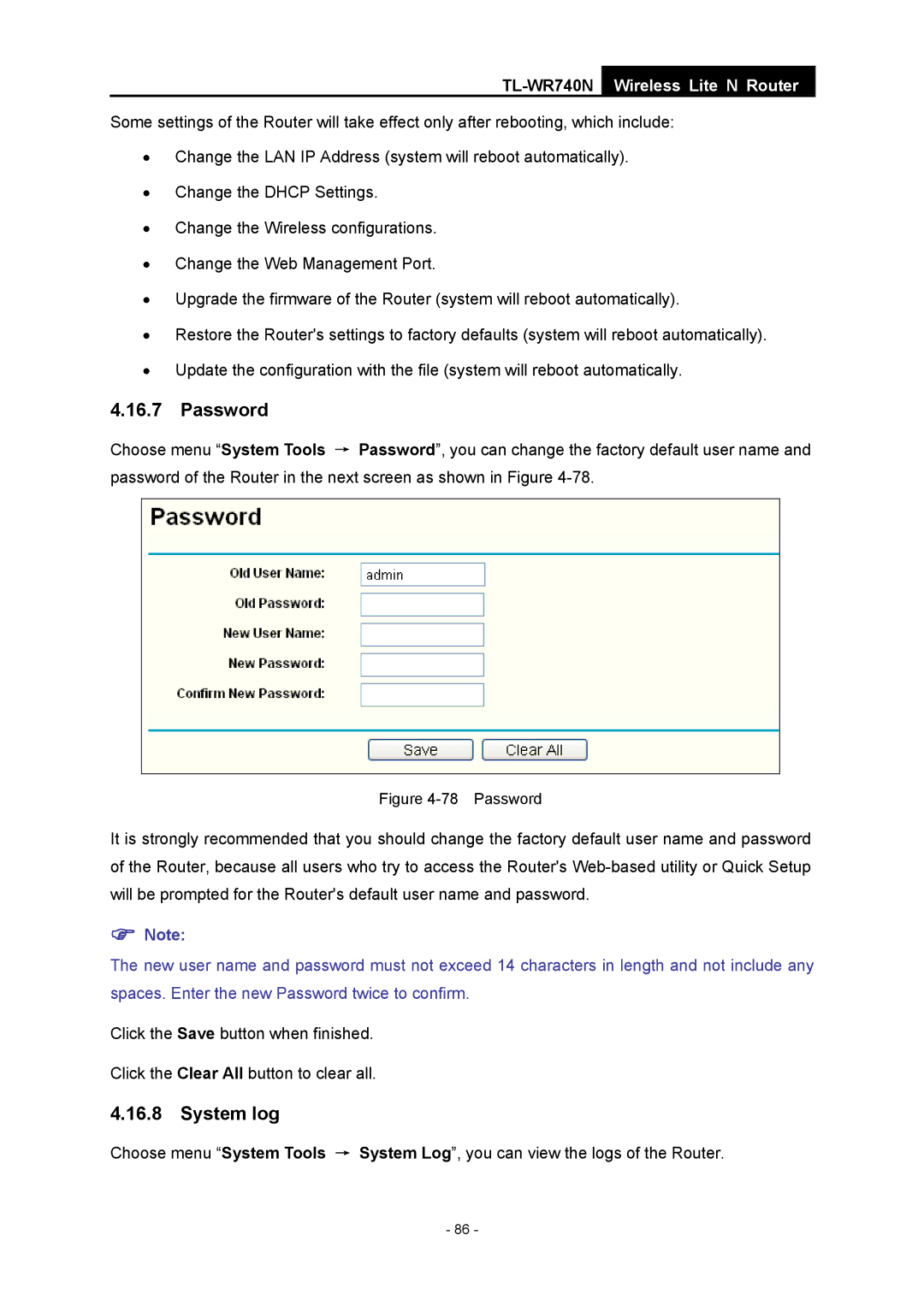 TP-Link TL-WR740N manual Password, System log 