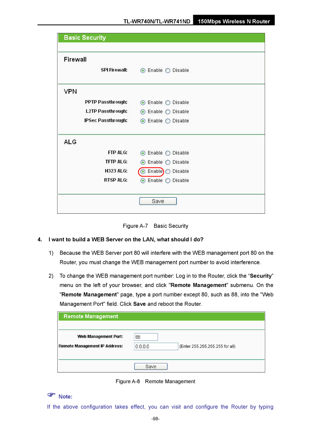 TP-Link TL-WR741ND manual Figure A-7 Basic Security, Want to build a WEB Server on the LAN, what should I do? 