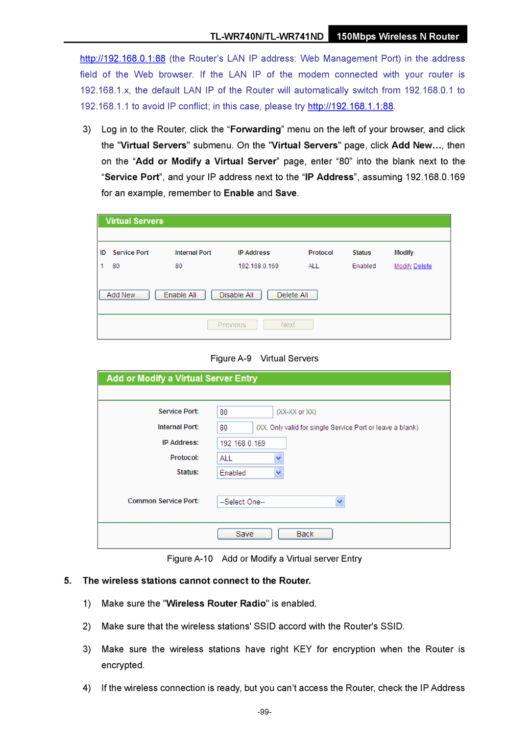 TP-Link TL-WR741ND manual Wireless stations cannot connect to the Router, Figure A-9 Virtual Servers 