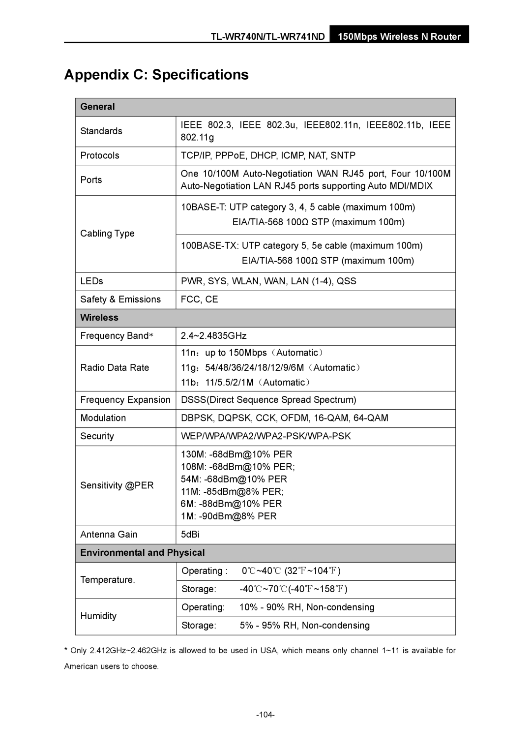 TP-Link TL-WR741ND manual General, Wireless, Environmental and Physical 