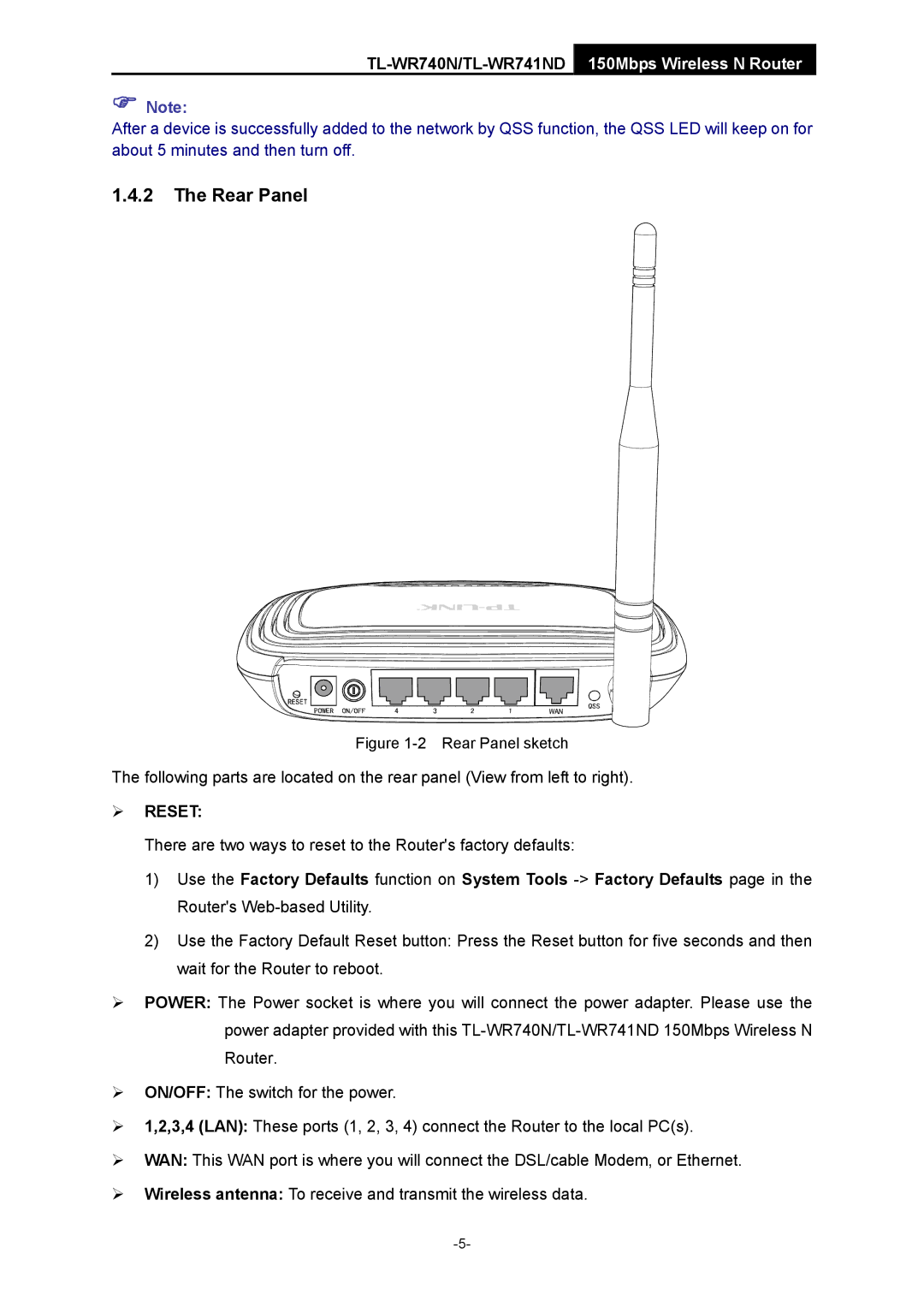 TP-Link TL-WR741ND manual Rear Panel, ¾ Reset 