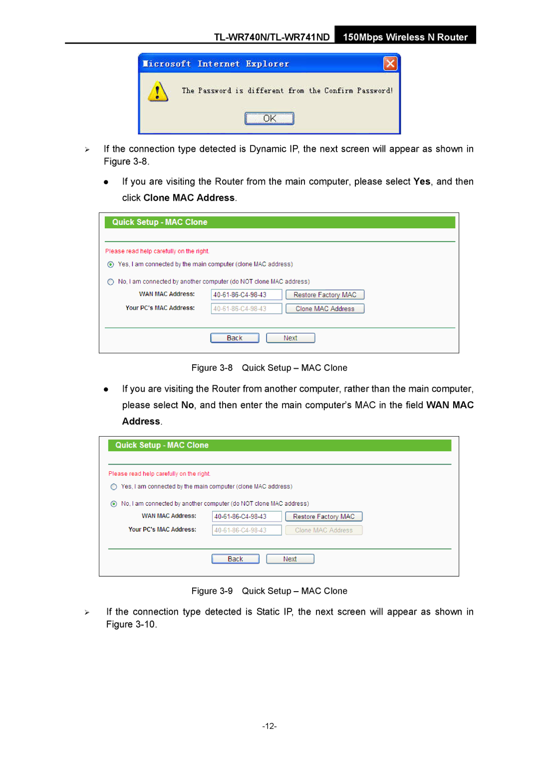 TP-Link TL-WR741ND manual Quick Setup MAC Clone 