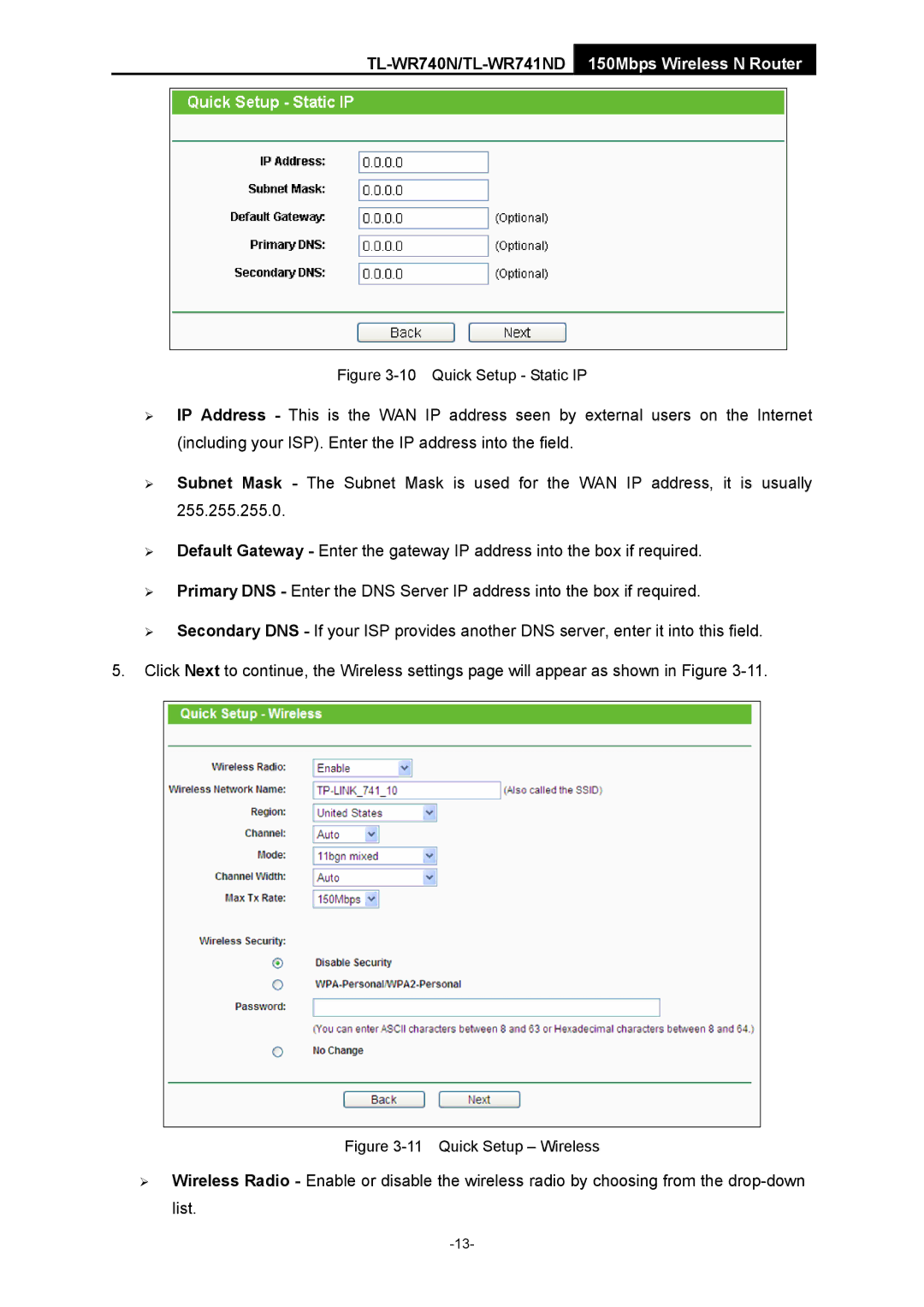 TP-Link TL-WR741ND manual Quick Setup Static IP 