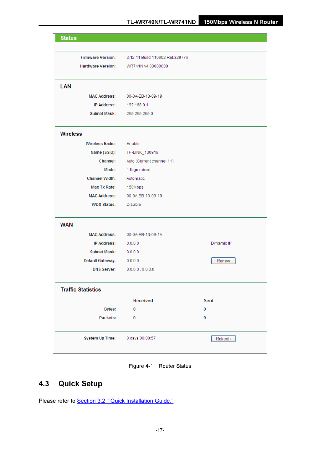 TP-Link TL-WR741ND manual Quick Setup, Router Status 