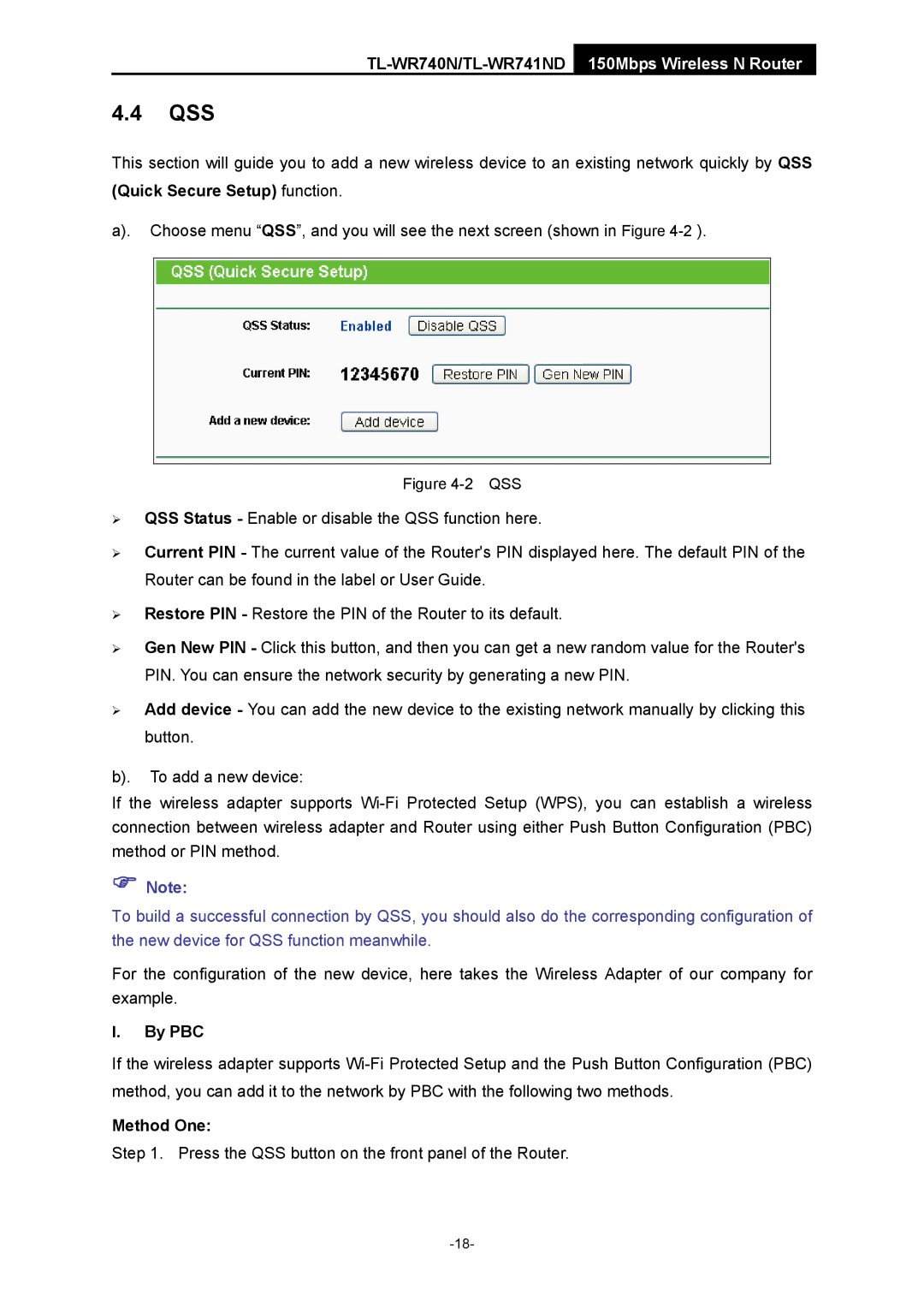 TP-Link TL-WR741ND manual Qss, By PBC, Method One 