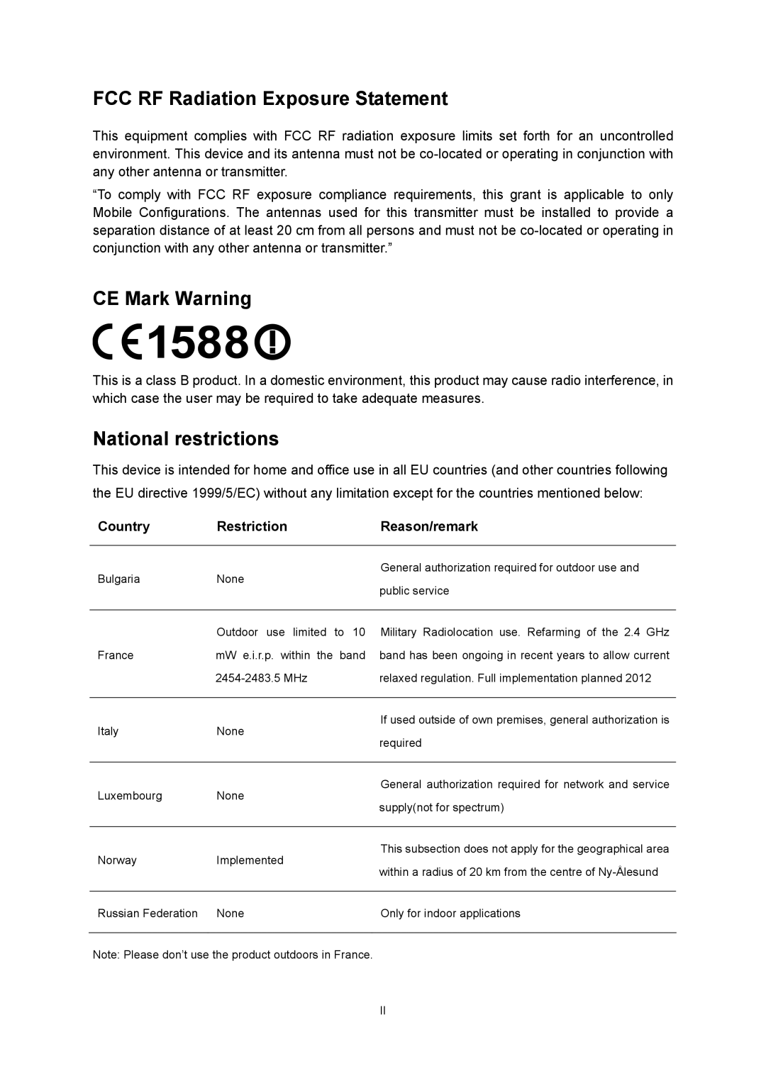 TP-Link TL-WR741ND manual FCC RF Radiation Exposure Statement, Country Restriction Reason/remark 