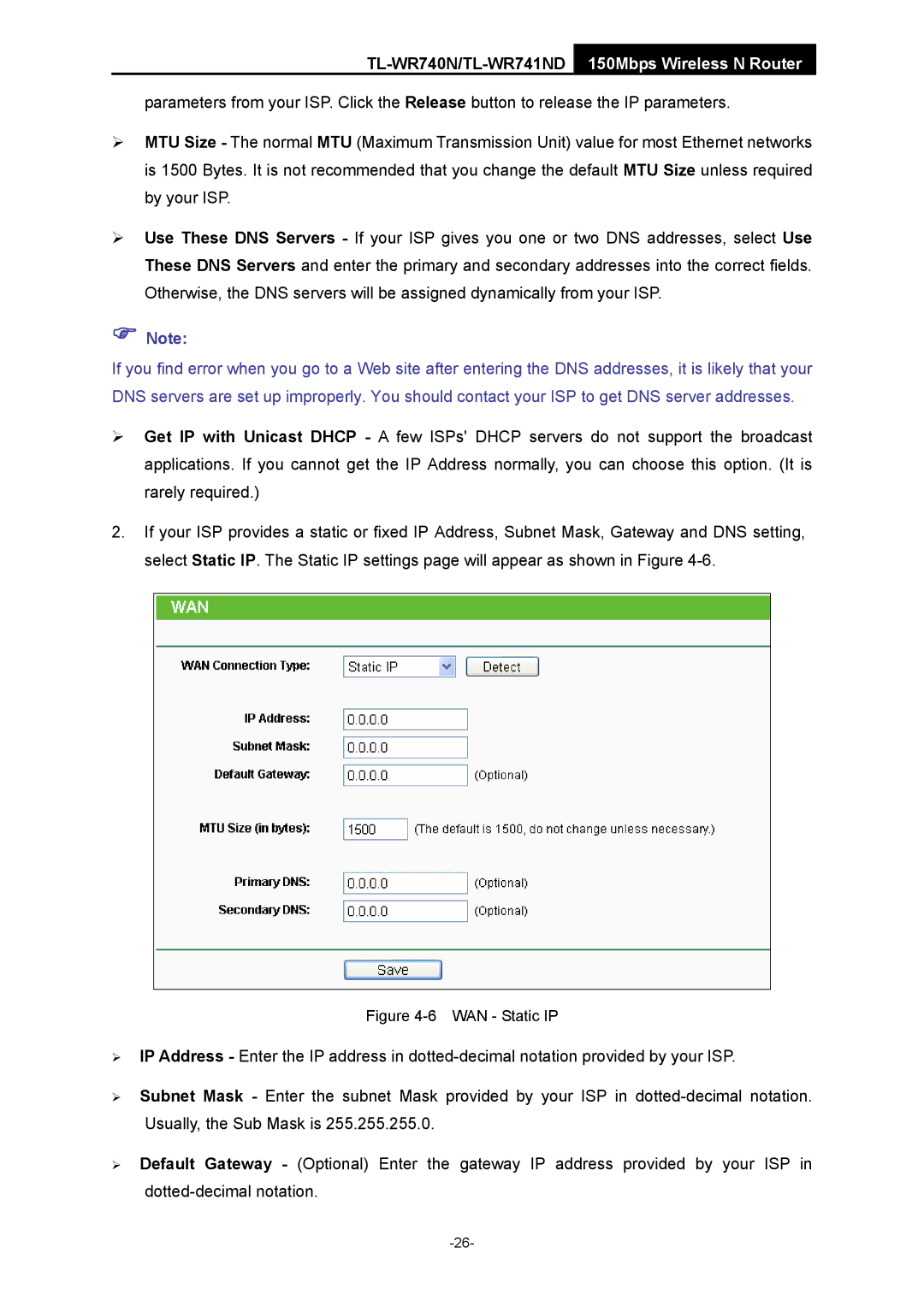 TP-Link TL-WR741ND manual WAN Static IP 