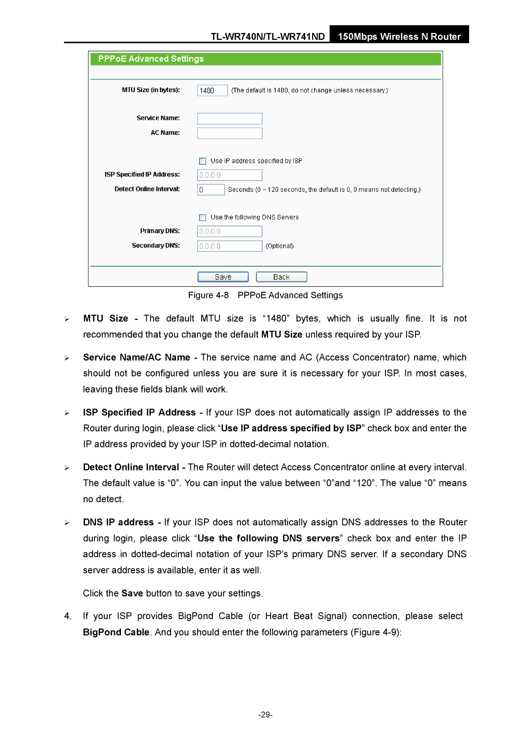 TP-Link TL-WR741ND manual PPPoE Advanced Settings 