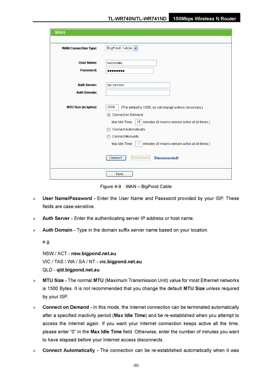 TP-Link TL-WR741ND manual NSW / ACT nsw.bigpond.net.au, WAN BigPond Cable 