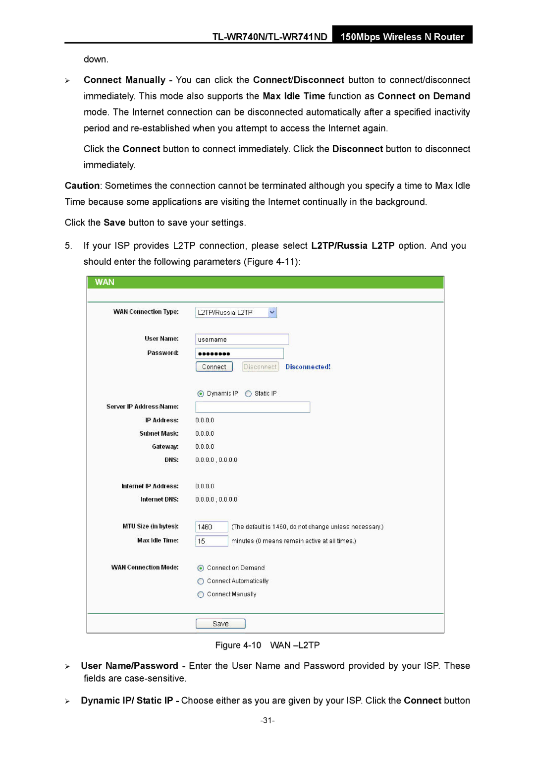 TP-Link TL-WR741ND manual WAN -L2TP 