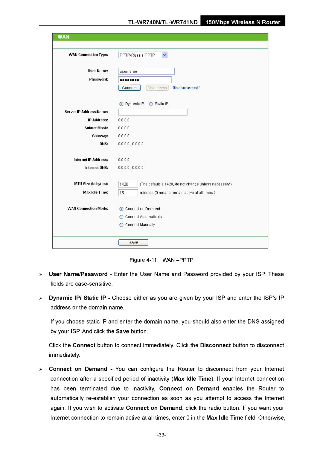 TP-Link TL-WR741ND manual Wan -Pptp 